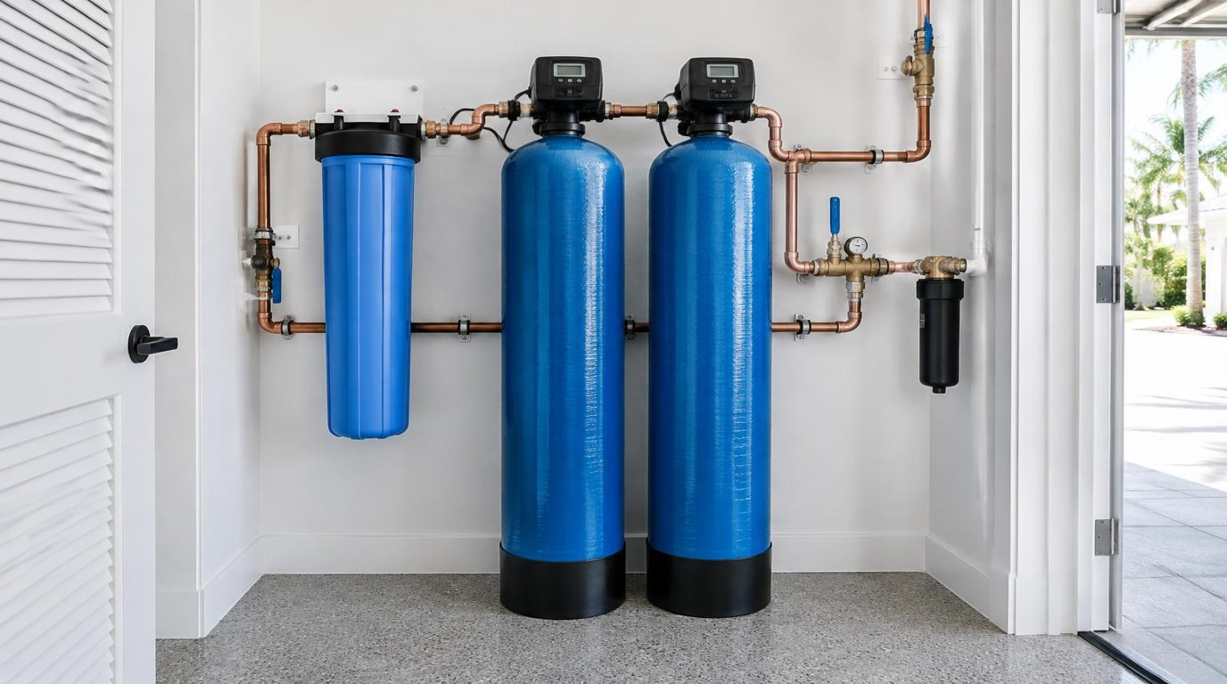Water filtration system installed beside a South Florida home — Membership Plans in Palm Beach County