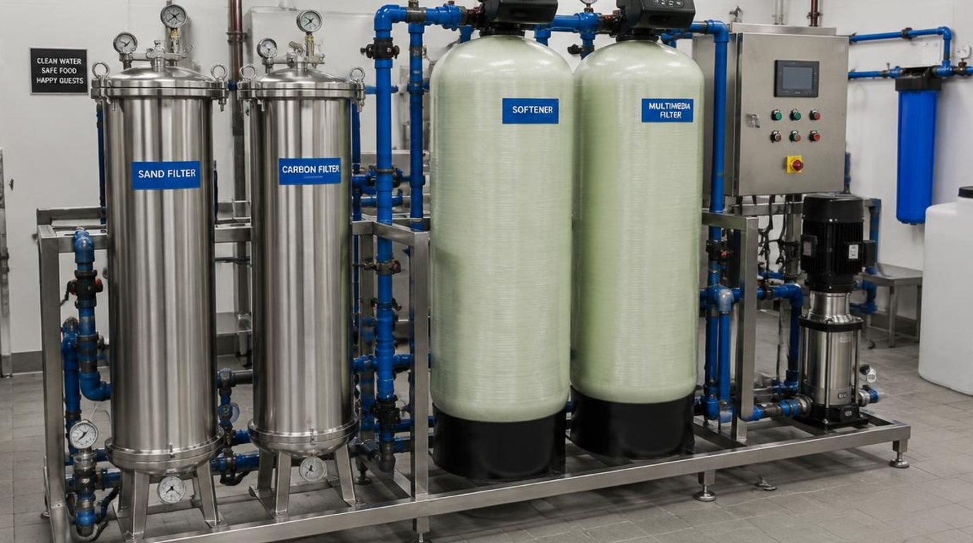 Whole-home water filtration system hidden in a fenced side yard between a stucco wall and wooden fence
