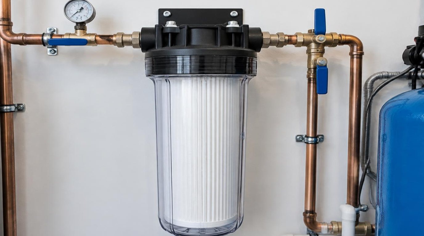 Whole-home water filtration system hidden in a fenced side yard between a stucco wall and wooden fence