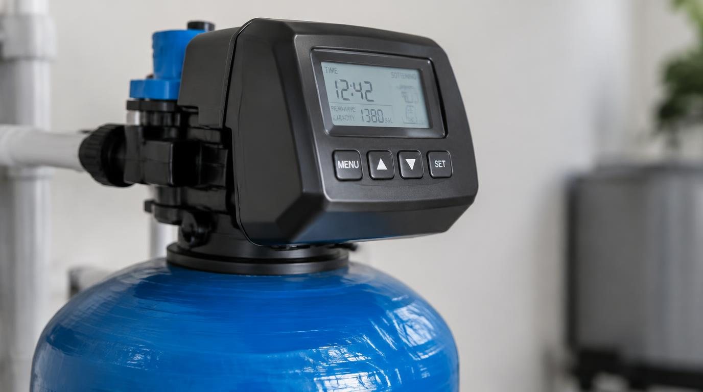 Whole-home water filtration system hidden in a fenced side yard between a stucco wall and wooden fence