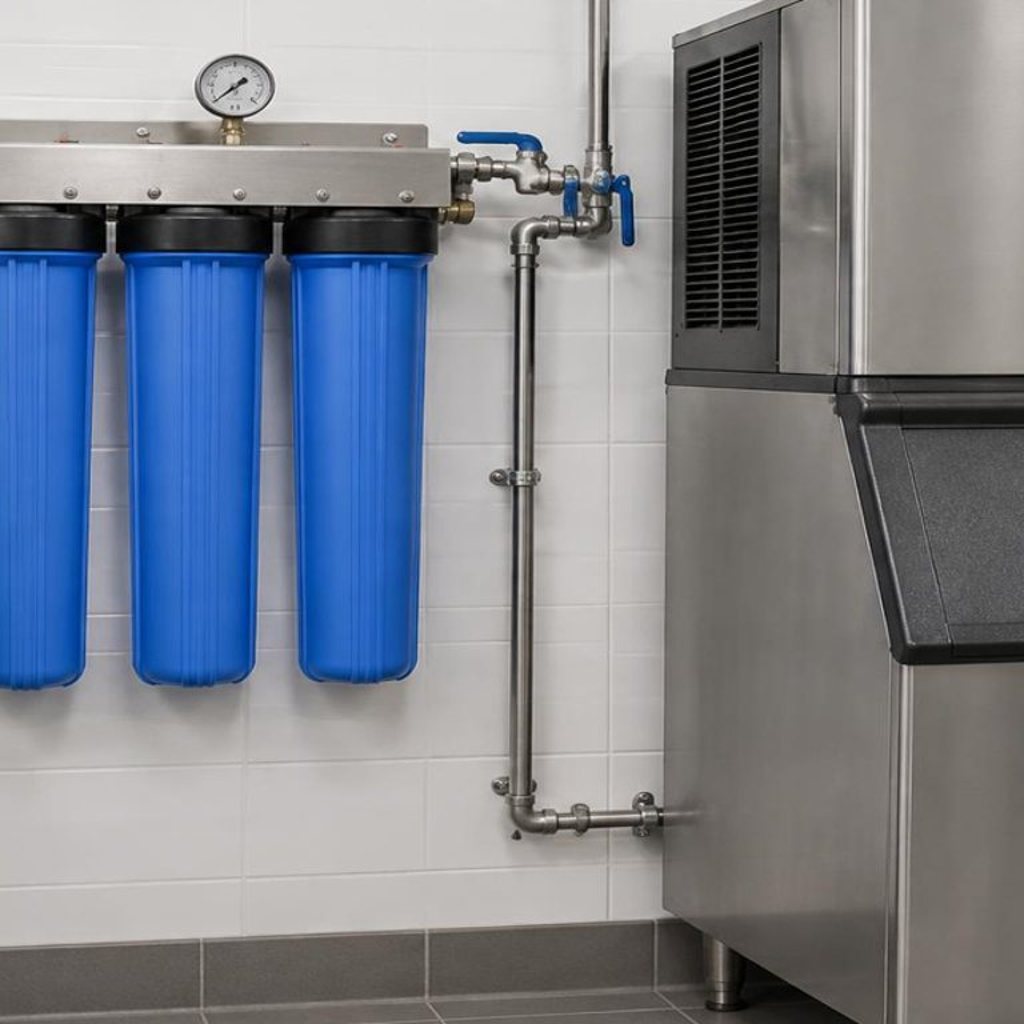 Closed-cabinet whole-home water filtration system on a concrete pad in a stucco side yard