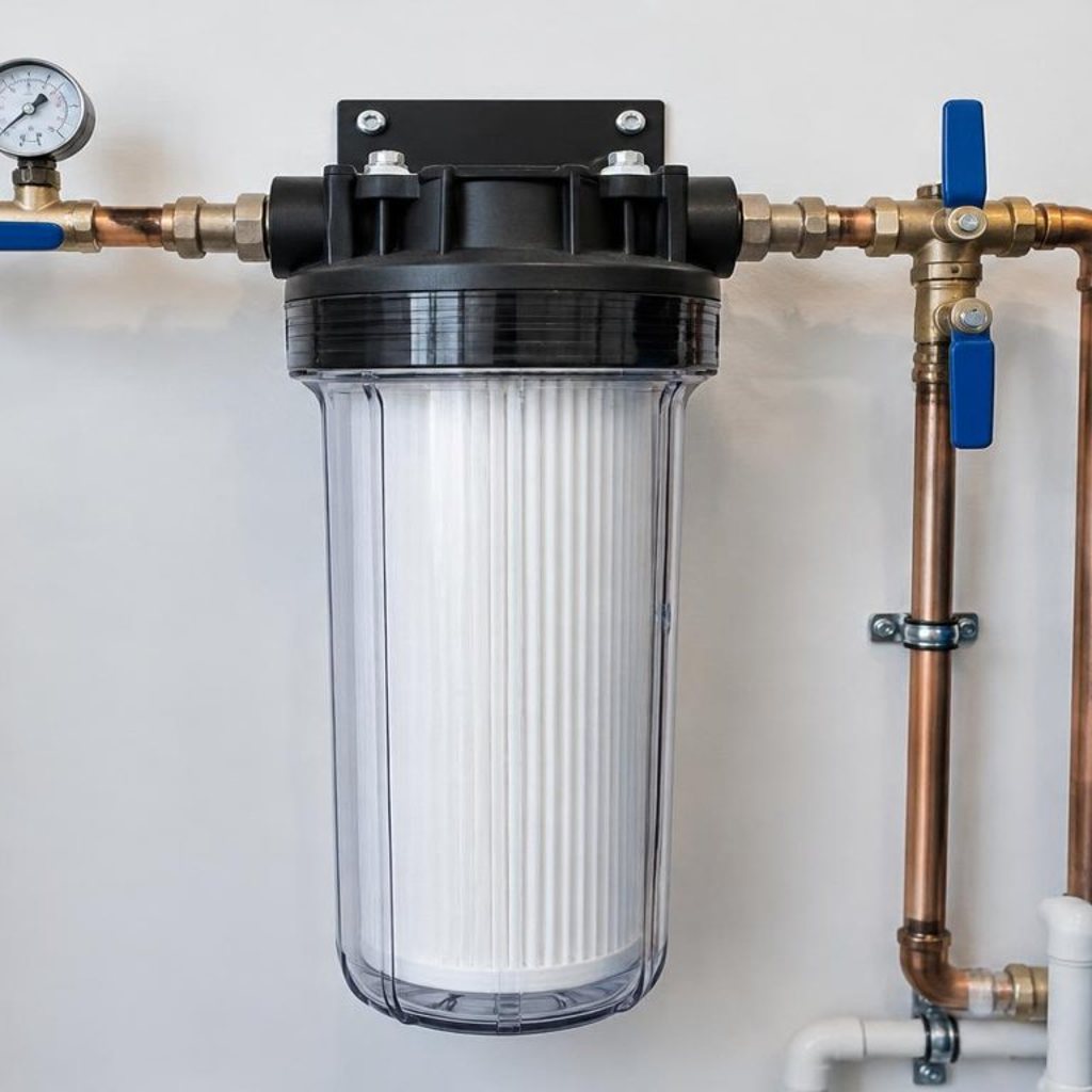 Gas water filtration system with copper plumbing behind a stucco privacy wall in a South Florida side yard