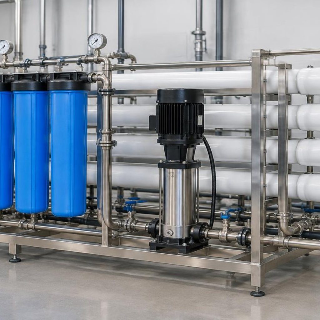 Bank of commercial water filtration in a screened equipment enclosure at a resort