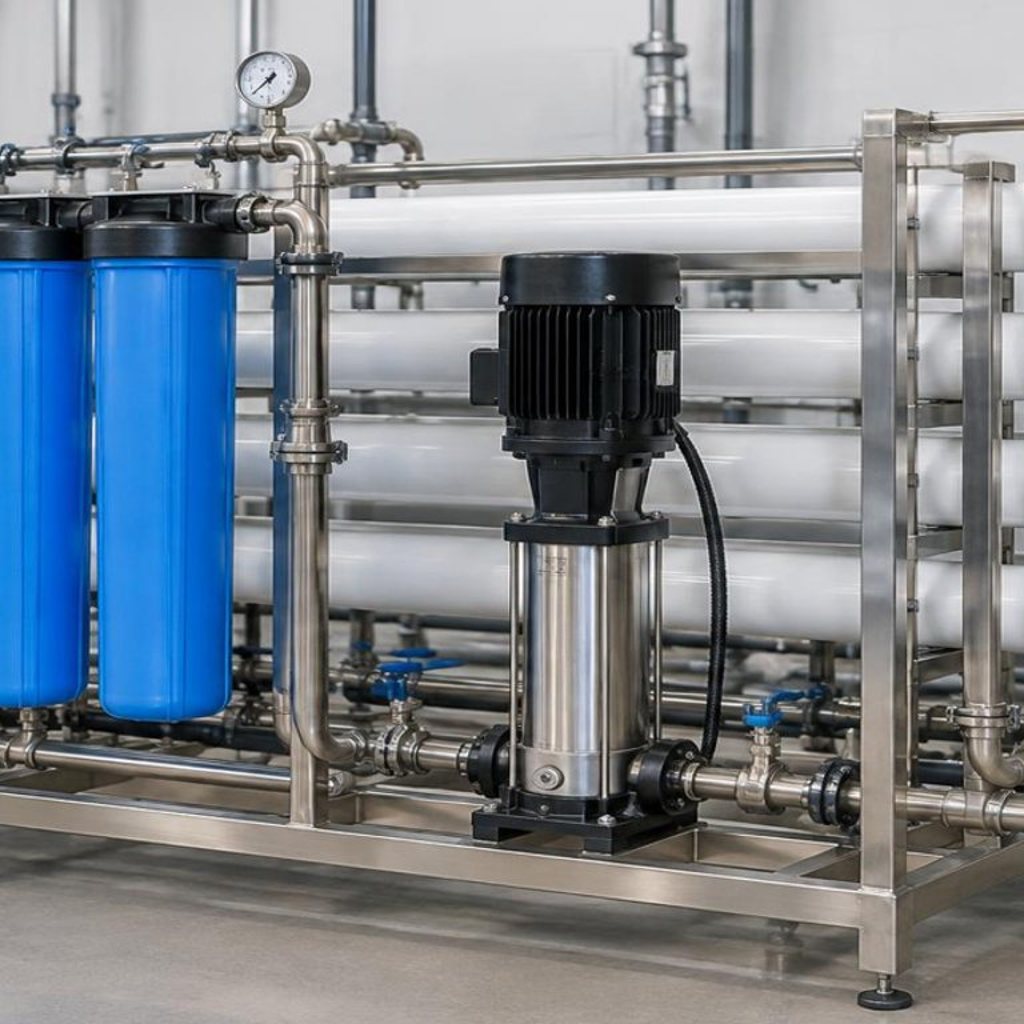 Water filtration equipment under a covered patio alcove