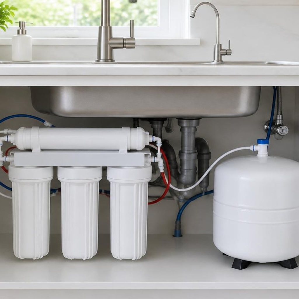 Water filtration equipment in a side-yard nook between a house wall and wooden fence