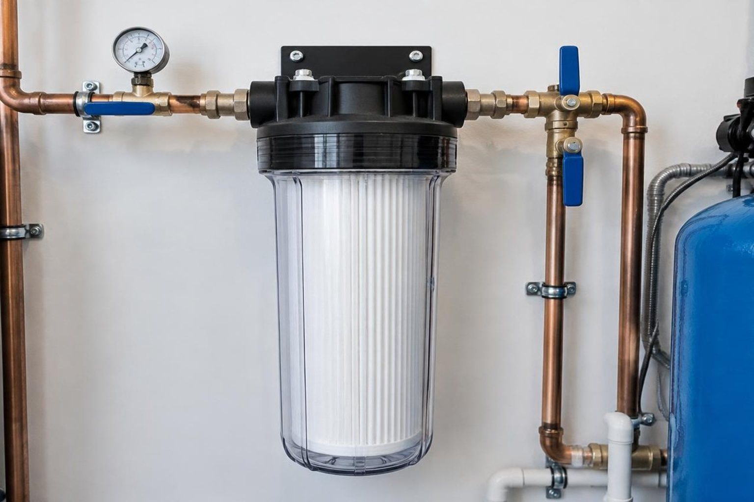 Garage of a Jupiter, Florida home with a new whole-home carbon filtration tank and sediment prefilter mounted on the main water line, evening golden light