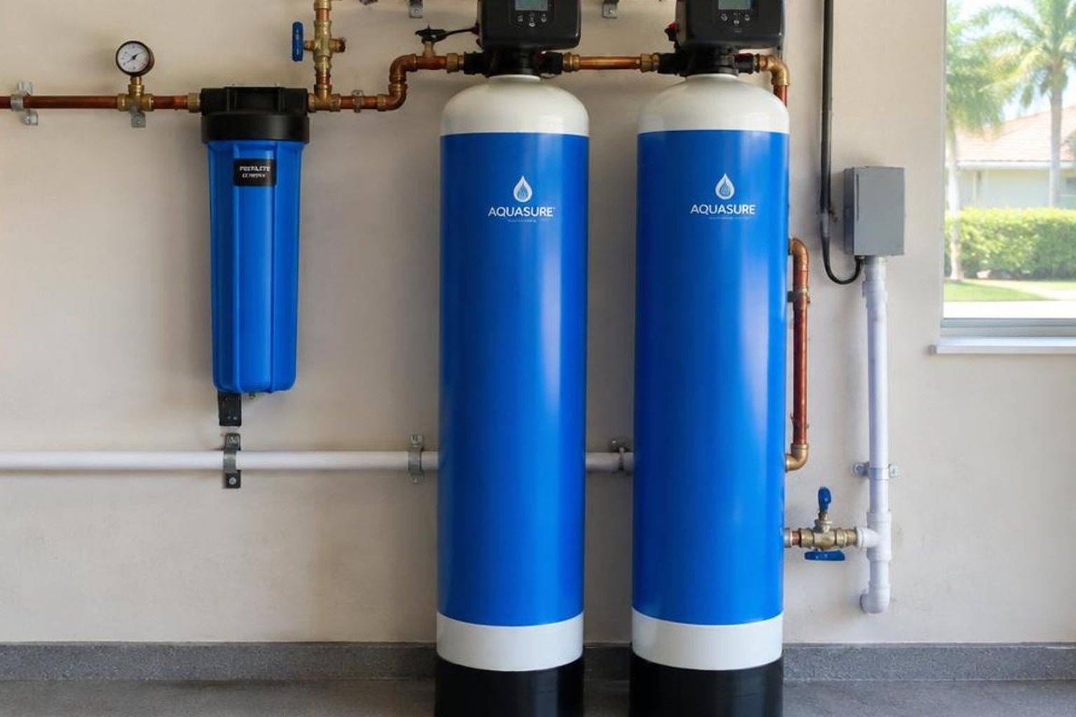 Utility wall at a Boynton Beach, Florida home with a new water softener, cartridge prefilter and white whole-home filtration tank in a row, clean PVC plumbing with blue valves