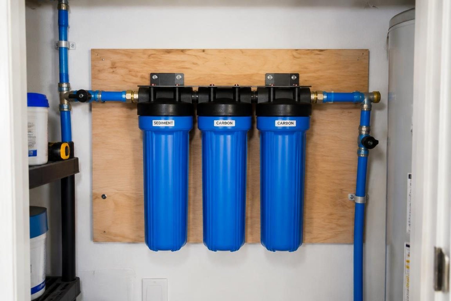 Whole-home filtration tank beside a Wellington family home's garage with a green lawn and palm trees