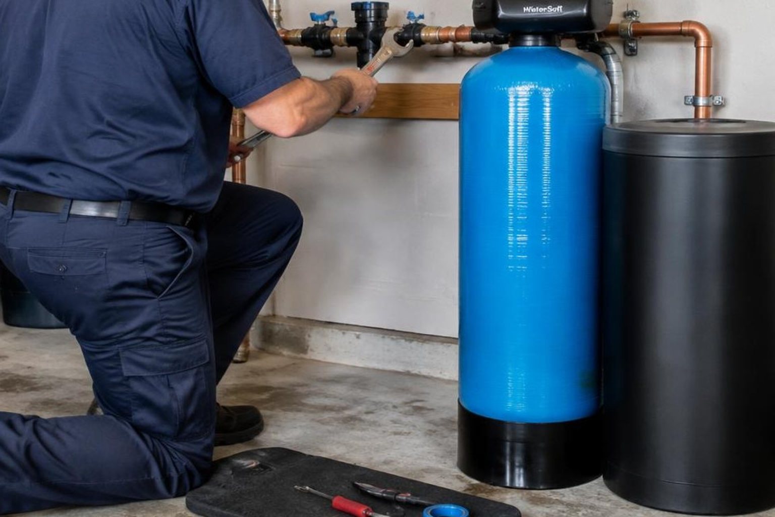 Whole-home filtration tank beside a Delray Beach home's utility area with tropical landscaping