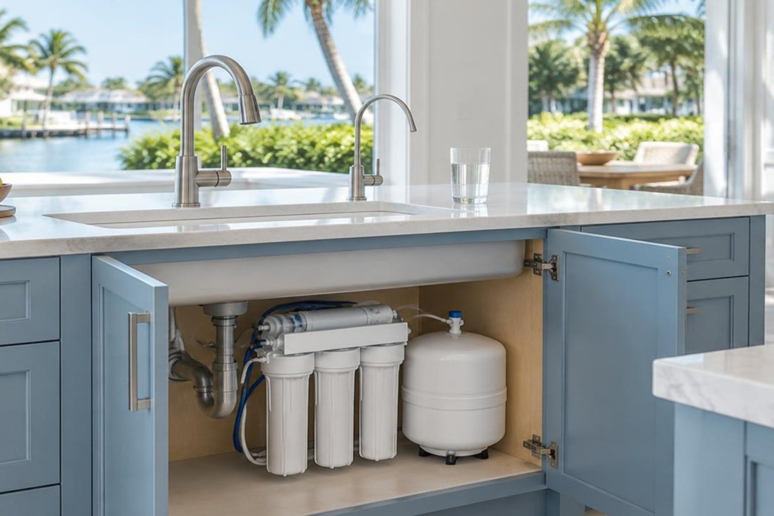 New construction at a North Palm Beach home with a fresh whole-home filtration tank and clean utility area