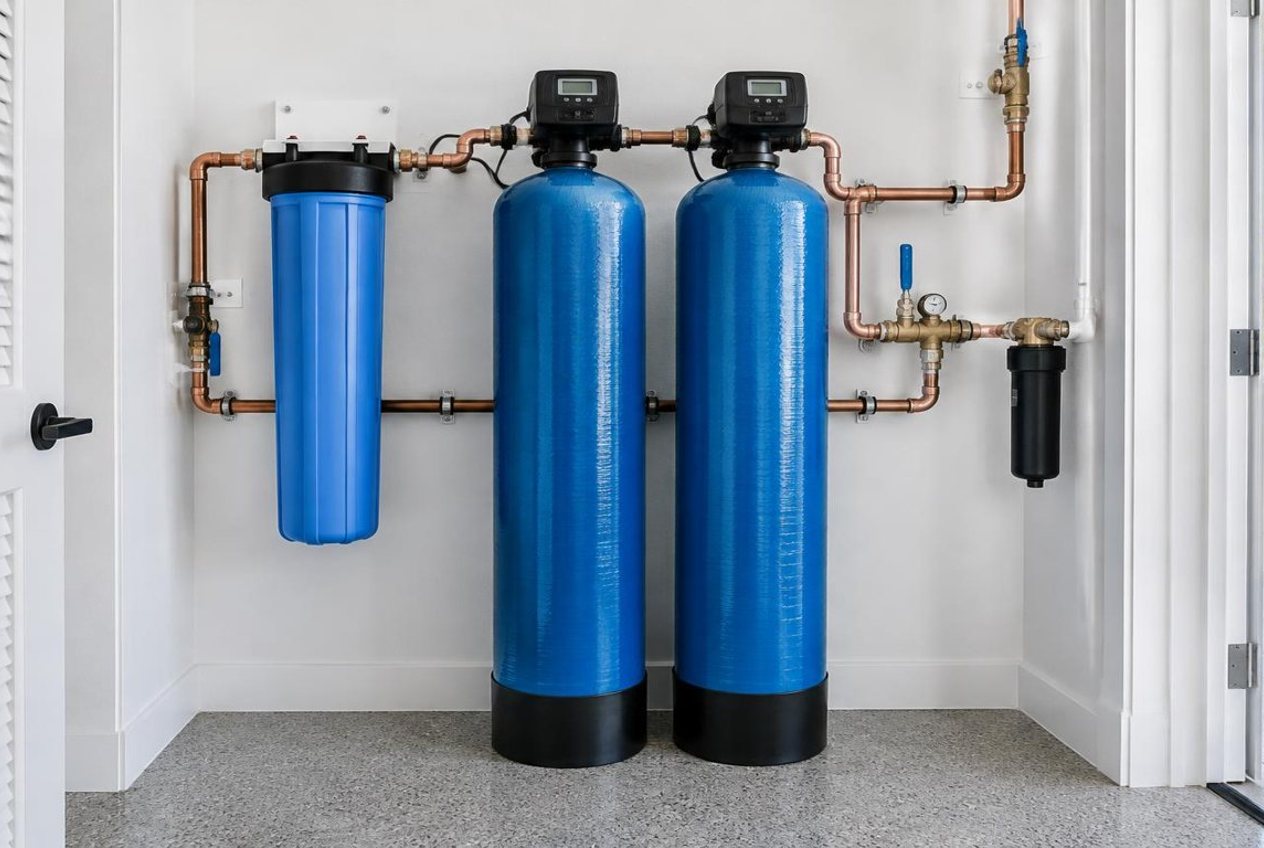 Whole-home filtration tank beside a Manalapan waterfront estate utility closet